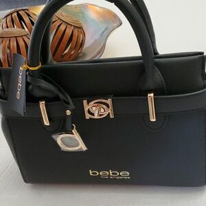 NEW Bebe Evie Small Black Leather Classic Top Handle Gold Hardware Satchel Bag